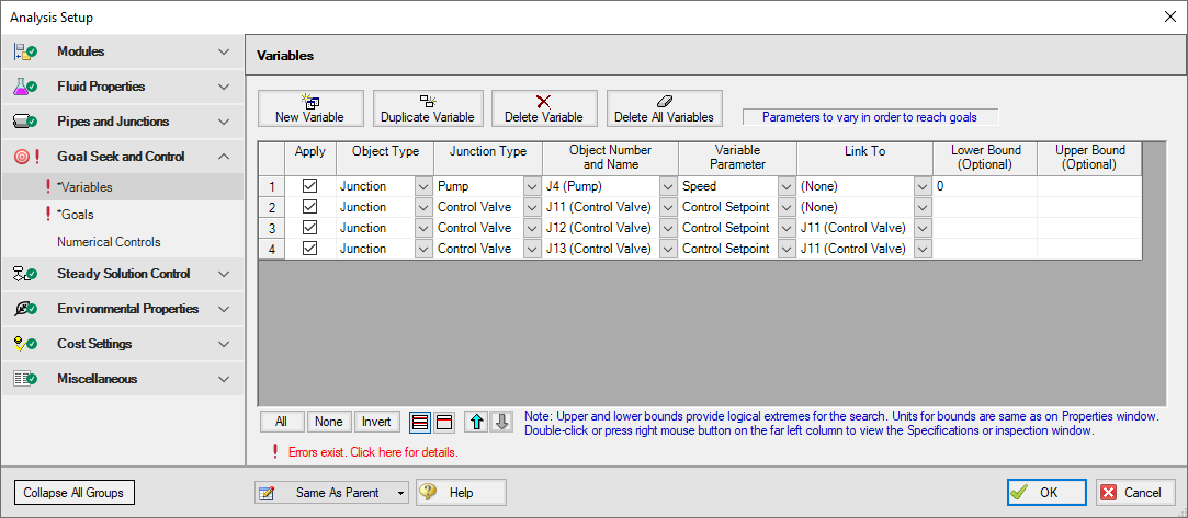 The Variables tab of the Goal Seek and Control Manager with 4 variables defined.